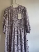 Mac Duggal 93805 Floral Applique Puff Sleeve High Neck Aline Lavender Gown Size 16 - Image 8