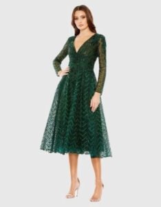 Mac Duggal 20399 Embellished Beaded Long Sleeve Wrap Over Dress - Size 18 Emerald