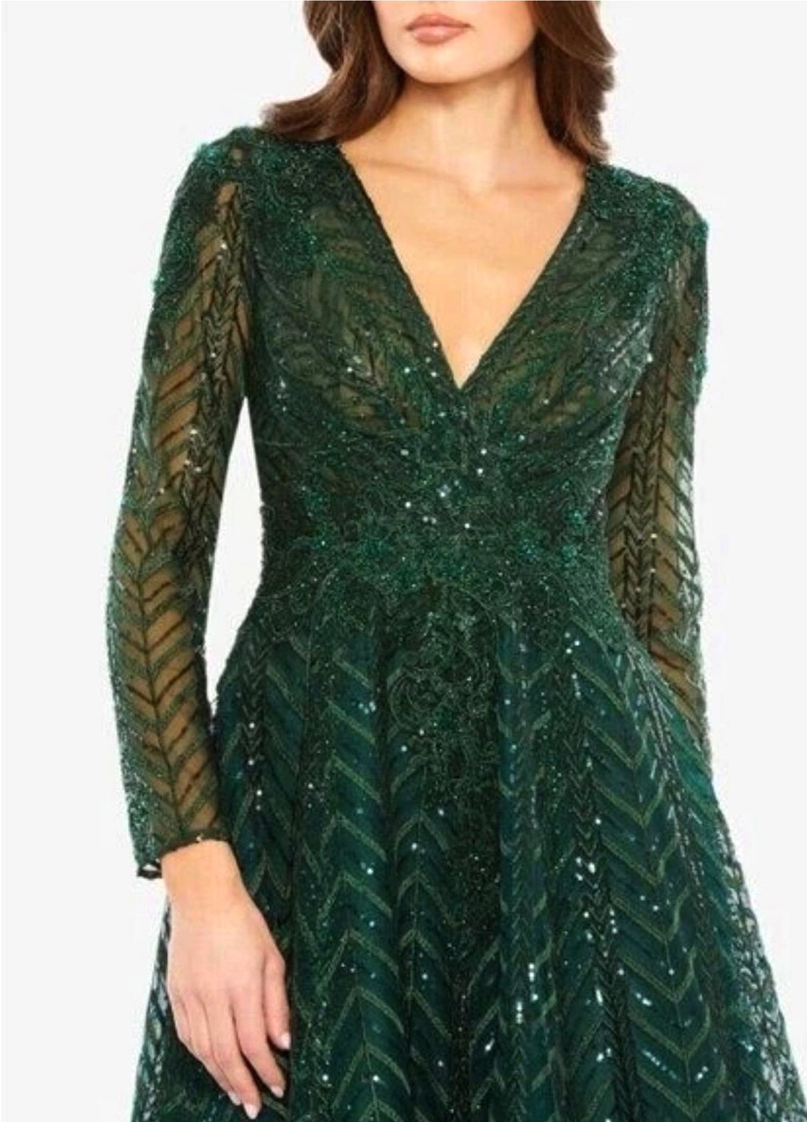 WhatsApp Image 2025-12-10 at 3.47.44 PM Mac Duggal 20399 Embellished Beaded Long Sleeve Wrap Over Dress - Size 18 Emerald - Image 1