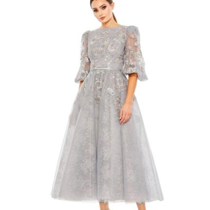 Mac Duggal 20418 Floral Embroided Embelished Puff Sleeve A Line Plat Gown - size 8