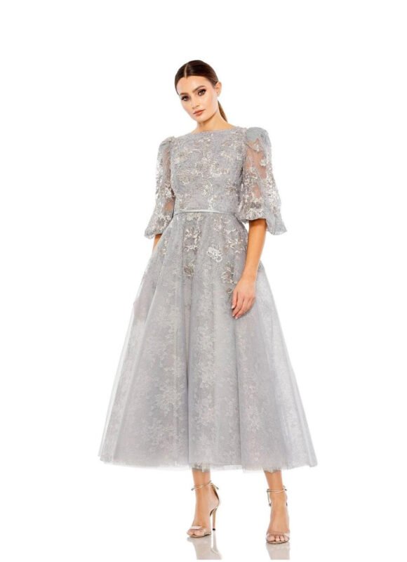 Mac Duggal 20418 Floral Embroided Embelished Puff Sleeve A Line Plat Gown - size 8