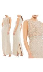 MAC DUGGAL 93603 VERTICAL SEQUIN NUDE COLUMN GOWN sz 14