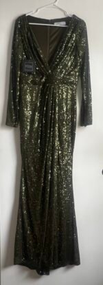 IEENA For Mac Duggal 26490 Sz 10 Sequin Faux Wrap Gown in Olive Green - Image 5
