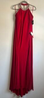 Ieena Mac Duggal Red Beaded Halter Neck Side Slit Jersey Gown Size 12 - Image 5