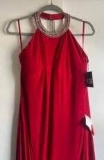 Ieena Mac Duggal Red Beaded Halter Neck Side Slit Jersey Gown Size 12 - Image 6