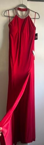 Ieena Mac Duggal Red Beaded Halter Neck Side Slit Jersey Gown Size 12 - Image 7