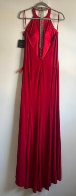 Ieena Mac Duggal Red Beaded Halter Neck Side Slit Jersey Gown Size 12 - Image 8