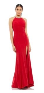 Ieena Mac Duggal Red Beaded Halter Neck Side Slit Jersey Gown Size 12 - Image 2