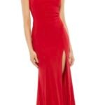 Ieena Mac Duggal Red Beaded Halter Neck Side Slit Jersey Gown Size 12