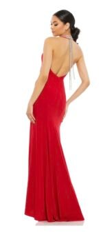 Ieena Mac Duggal Red Beaded Halter Neck Side Slit Jersey Gown Size 12 - Image 3