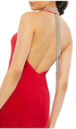 Ieena Mac Duggal Red Beaded Halter Neck Side Slit Jersey Gown Size 12 - Image 4