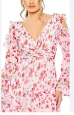 Mac Duggal 55906 Sz 14 pink ruffle sleeve floral print gown