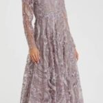 Mac Duggal Puff Sleeve Embroidered A-Line Tea Length Mauve Dress Sz 10