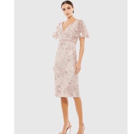 Mac Duggal 67909 Embellished Illusion Butterfly Sleeve Dress in Rose Pink Size 2