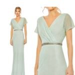 Mac Duggal 93994 Sage Green 4 Beaded Wrap Short Sleeve Formal Gown Maxi