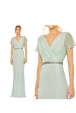Mac Duggal 93994 Sage Green 4 Beaded Wrap Short Sleeve Formal Gown Maxi