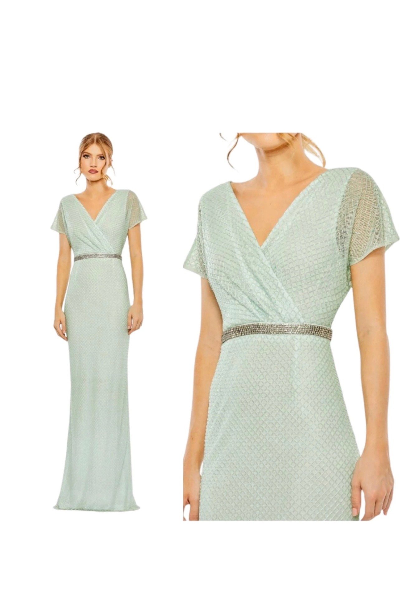 Screenshot Mac Duggal 93994 Sage Green 4 Beaded Wrap Short Sleeve Formal Gown Maxi - Image 1