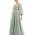 Mac Duggal 67873 Sheer Blouson Sleeve Surplice Chiffon Gown Sage Green Sz 10