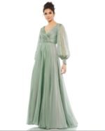Mac Duggal 67873 Sheer Blouson Sleeve Surplice Chiffon Gown Sage Green Sz 10