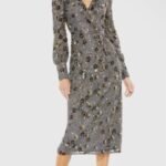 Mac Duggal 5571 Sz 10Charcoal Gray Floral Embellished Midi Cocktail Dress