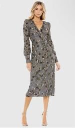 Mac Duggal 5571 Sz 10Charcoal Gray Floral Embellished Midi Cocktail Dress
