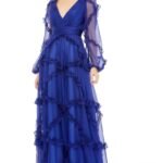 Mac Duggal Ruffle Puff Sleeve A Line Gown #68223 Blue Size 8 NWT