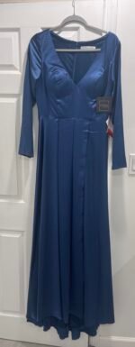 Ieena Mac Duggal 26613 Vneck Long Sleeve Satin Gown SZ 8 Midnight Blue - Image 5