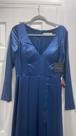 Ieena Mac Duggal 26613 Vneck Long Sleeve Satin Gown SZ 8 Midnight Blue - Image 6