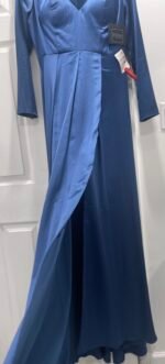 Ieena Mac Duggal 26613 Vneck Long Sleeve Satin Gown SZ 8 Midnight Blue - Image 7