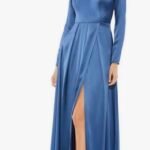 Ieena Mac Duggal 26613 Vneck Long Sleeve Satin Gown SZ 8 Midnight Blue