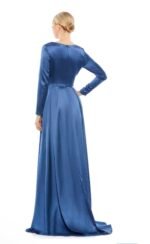 Ieena Mac Duggal 26613 Vneck Long Sleeve Satin Gown SZ 8 Midnight Blue - Image 4