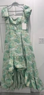 MAC DUGGAL Size 12 Green Floral Brocade 68276 Puff Sleeve High Low Gown Dress - Image 5