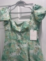 MAC DUGGAL Size 12 Green Floral Brocade 68276 Puff Sleeve High Low Gown Dress - Image 5