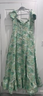 MAC DUGGAL Size 12 Green Floral Brocade 68276 Puff Sleeve High Low Gown Dress - Image 6