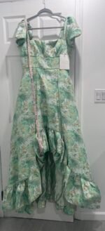 MAC DUGGAL Size 12 Green Floral Brocade 68276 Puff Sleeve High Low Gown Dress - Image 8