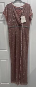 Mac Duggal 93787 Pink Beaded Rhinestone Wrap Long Dress Sz 16 V-Neck Cap Sleeve - Image 10