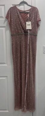 Mac Duggal 93787 Pink Beaded Rhinestone Wrap Long Dress Sz 12 V-Neck Cap Sleeve - Image 10