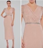 Mac Duggal 93787 Pink Beaded Rhinestone Wrap Long Dress Sz 12 V-Neck Cap Sleeve