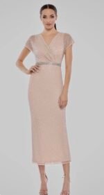 Mac Duggal 93787 Sz 10 Pink Beaded Rhinestone Wrap Long Dress V-Neck Cap Sleeve - Image 3