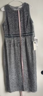 Mac Duggal 10509 Size 12 Sleeveless High Neck Beaded Midi Sheath Dress Platinum - Image 5