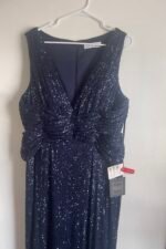 IEENA FOR MAC DUGGAL 26598 Sz 16 Navy V-Neck Sequin Wrap Waist Gown - Image 6