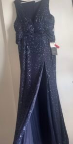 IEENA FOR MAC DUGGAL 26598 Sz 16 Navy V-Neck Sequin Wrap Waist Gown - Image 7