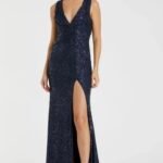 IEENA FOR MAC DUGGAL 26598 Sz 16 Navy V-Neck Sequin Wrap Waist Gown