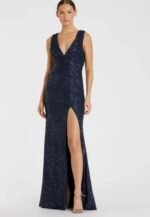 IEENA FOR MAC DUGGAL 26598 Sz 16 Navy V-Neck Sequin Wrap Waist Gown