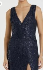 IEENA FOR MAC DUGGAL 26598 Sz 16 Navy V-Neck Sequin Wrap Waist Gown - Image 3
