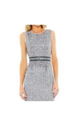 Mac Duggal 10509 Size 12 Sleeveless High Neck Beaded Midi Sheath Dress Platinum - Image 3