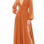 Ieena for Mac Duggal 55682 High Slit Bishop Sleeves Dress Terra Cotta Size 20