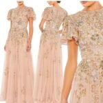 Mac Duggal 5717 Size 10 Taupe Multi Embellished Butterfly Sleeve Gown