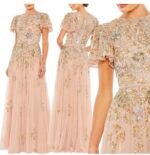 Mac Duggal 5717 Size 10 Taupe Multi Embellished Butterfly Sleeve Gown