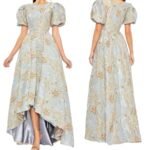Mac Duggal 11608 Blue Brocade Puff Sleeve High Low Gown Sz 14